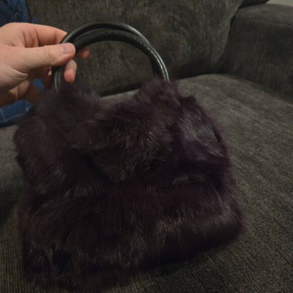 Adrienne Vittadini Hand Bag Tote Rabbit Fur Patent Leather Black - Picture 2 of 4